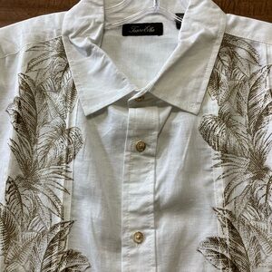 Tasso Elba White & khaki  print linen Casual Shirt - NEW